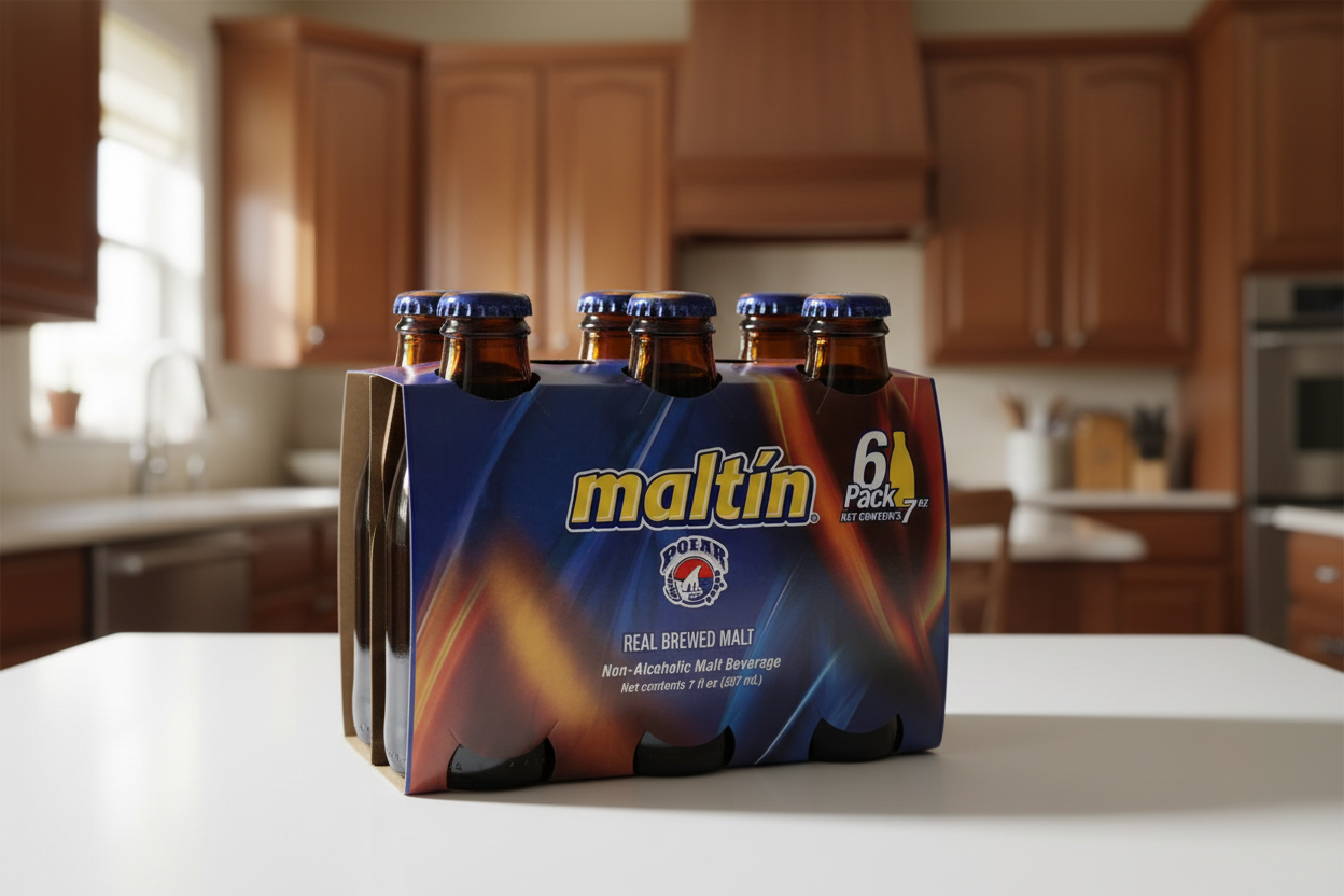 6-pack of Maltin Polen non-alcoholic malt beverage bottles with blue and orange design.