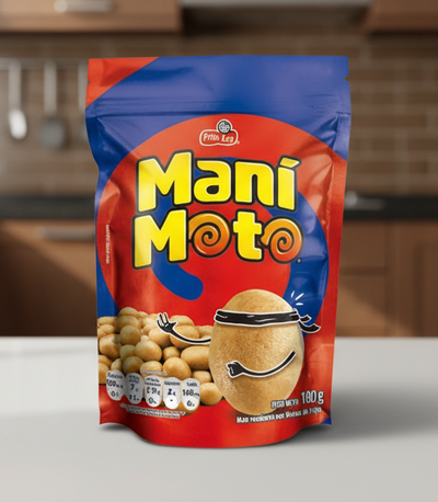 Manó Moto snack package with blue and red design
