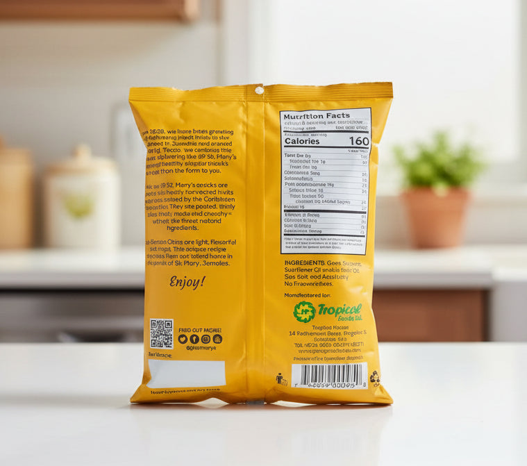 Yellow snack package with text and a logo on a dark background