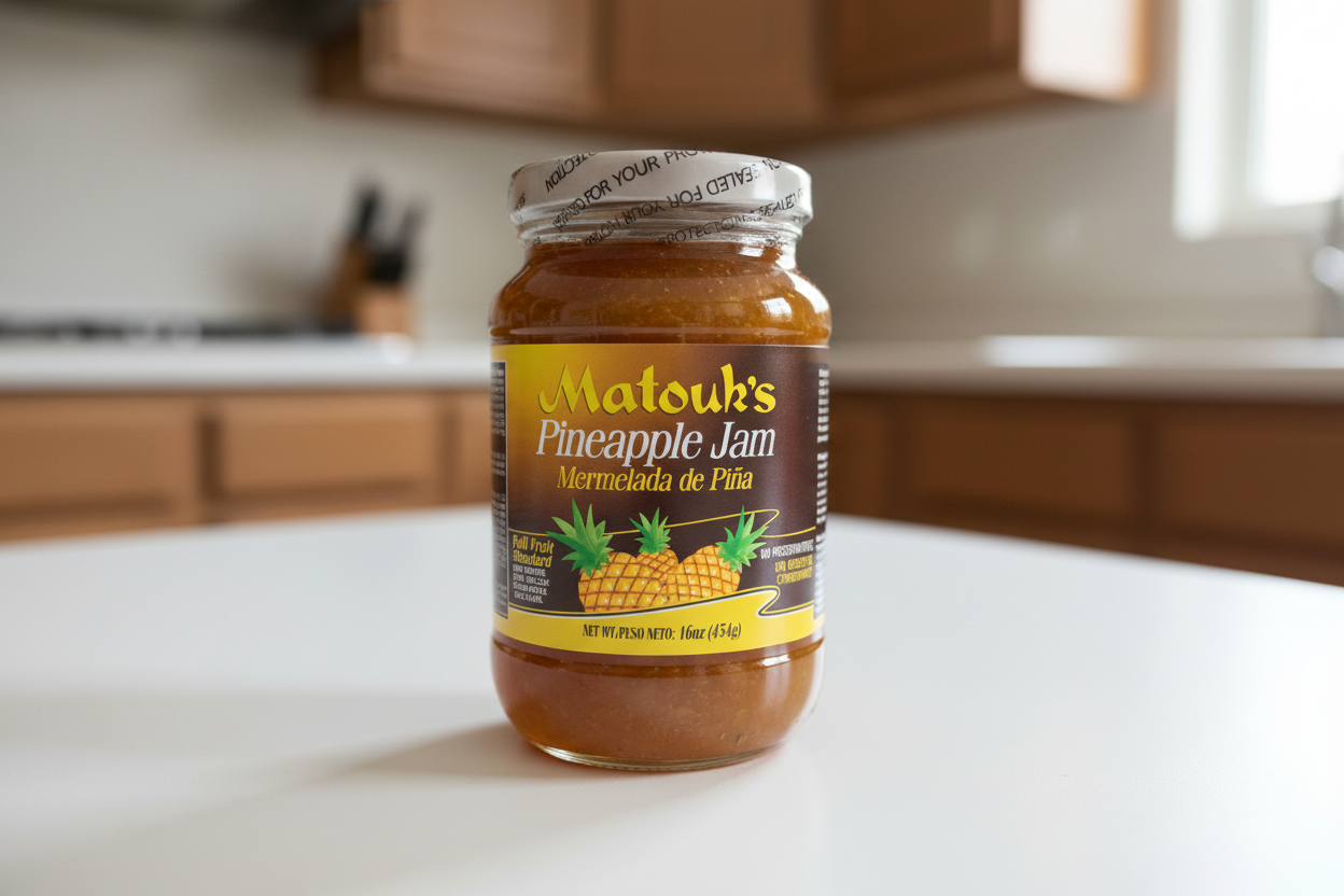 Jar of Matouk's Pineapple Jam with a white background