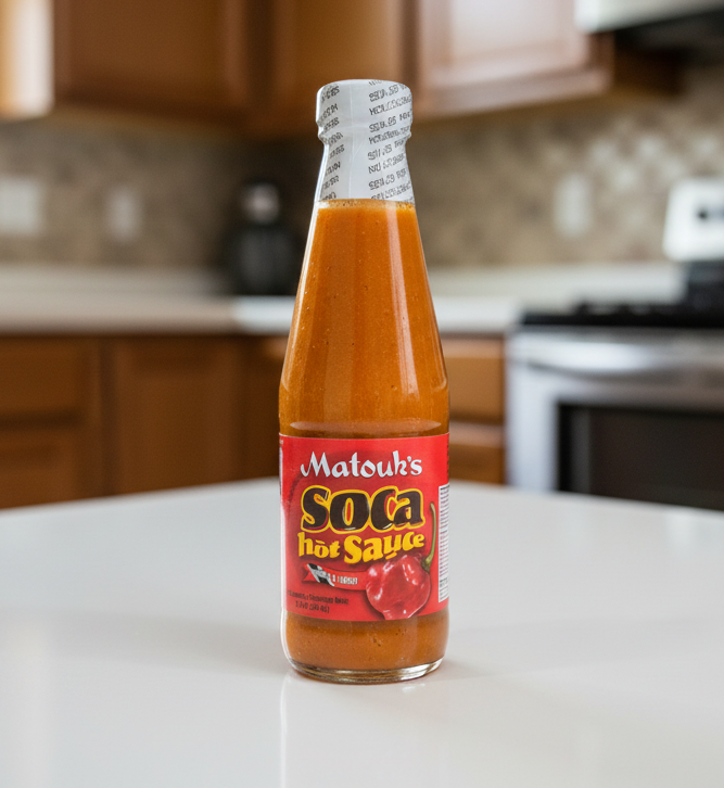 Bottle of Matouk's Soca hot sauce with a red label on a white background