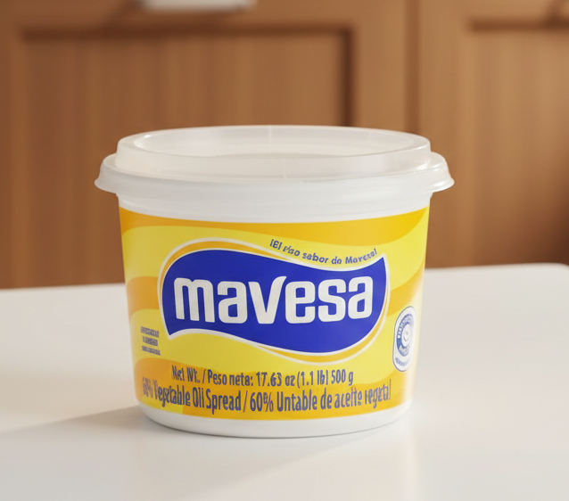 Container of Mavesa vegetable oil spread with a yellow label and clear lid.