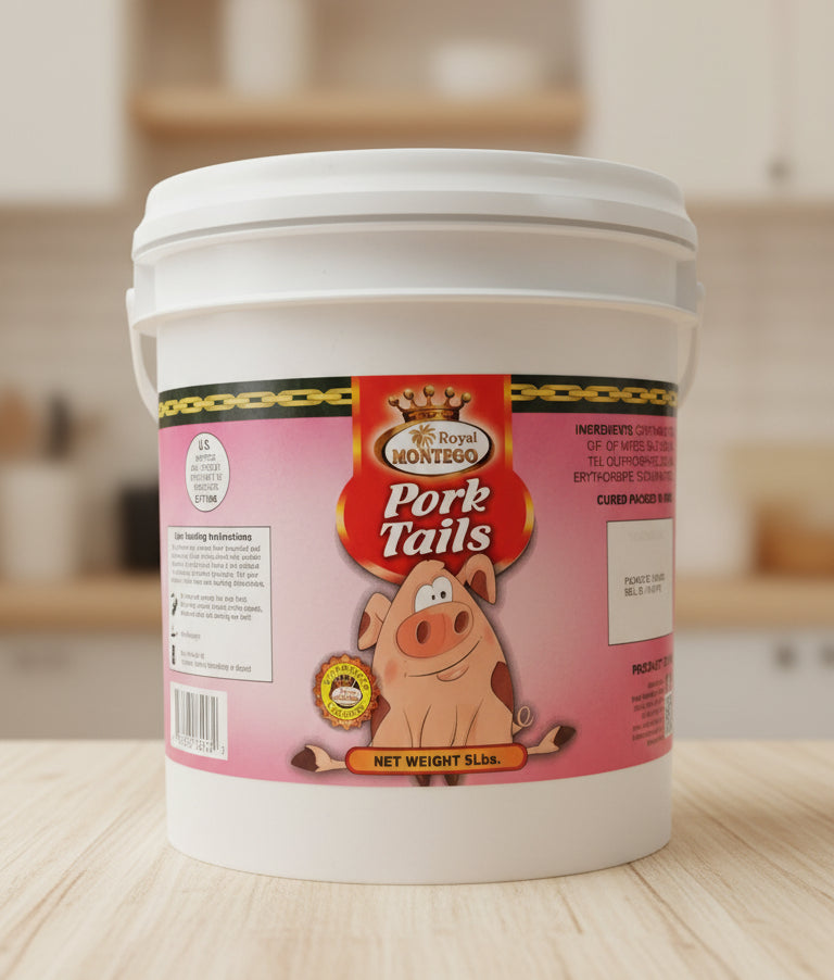 Large container of Royal Montego Pork Tails on a shelf with a price tag.