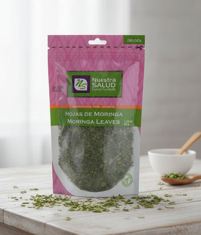 Package of Nuestra Salud Moringa Leaves on a pink background