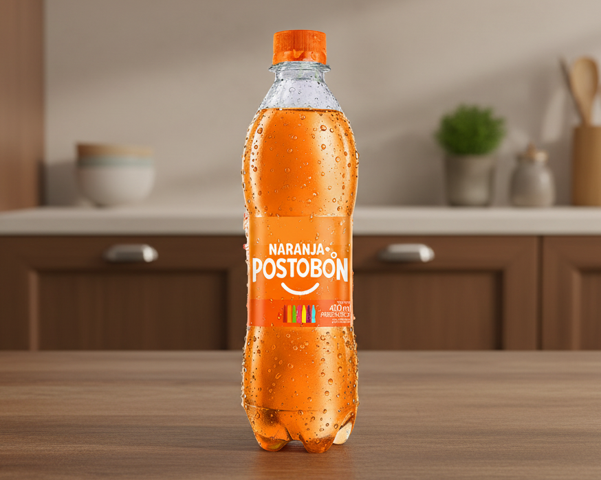 Orange bottle of Naranja Postobón on a white background
