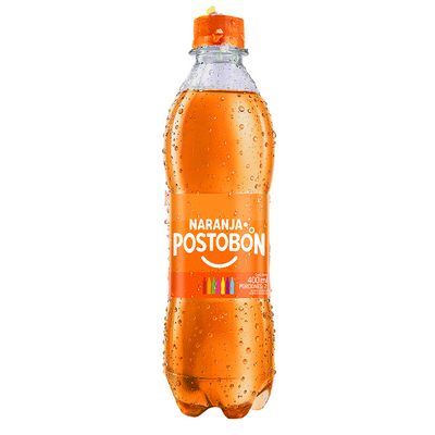 Orange bottle of Naranja Postobón on a white background