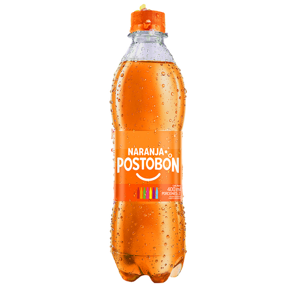 Orange bottle of Naranja Postobón on a white background