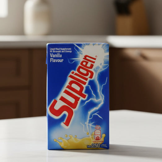 A 250 mL box of Supligen Vanilla Flavour liquid meal supplement on a white background.