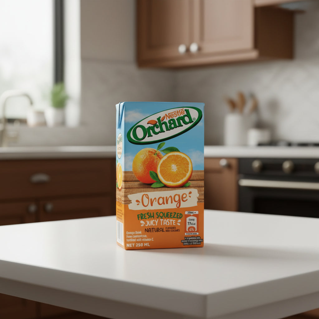 A 250 mL carton of Nestlé Orchard Fresh Squeezed Juicy Taste Orange drink, featuring a blue sky and wooden plank design with illustrations of whole and sliced oranges.