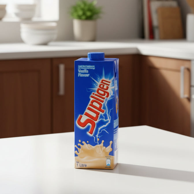 A 1 litre carton of Supligen Vanilla Flavour drink, featuring a blue packaging design with red brand lettering and a splash of vanilla drink at the bottom.