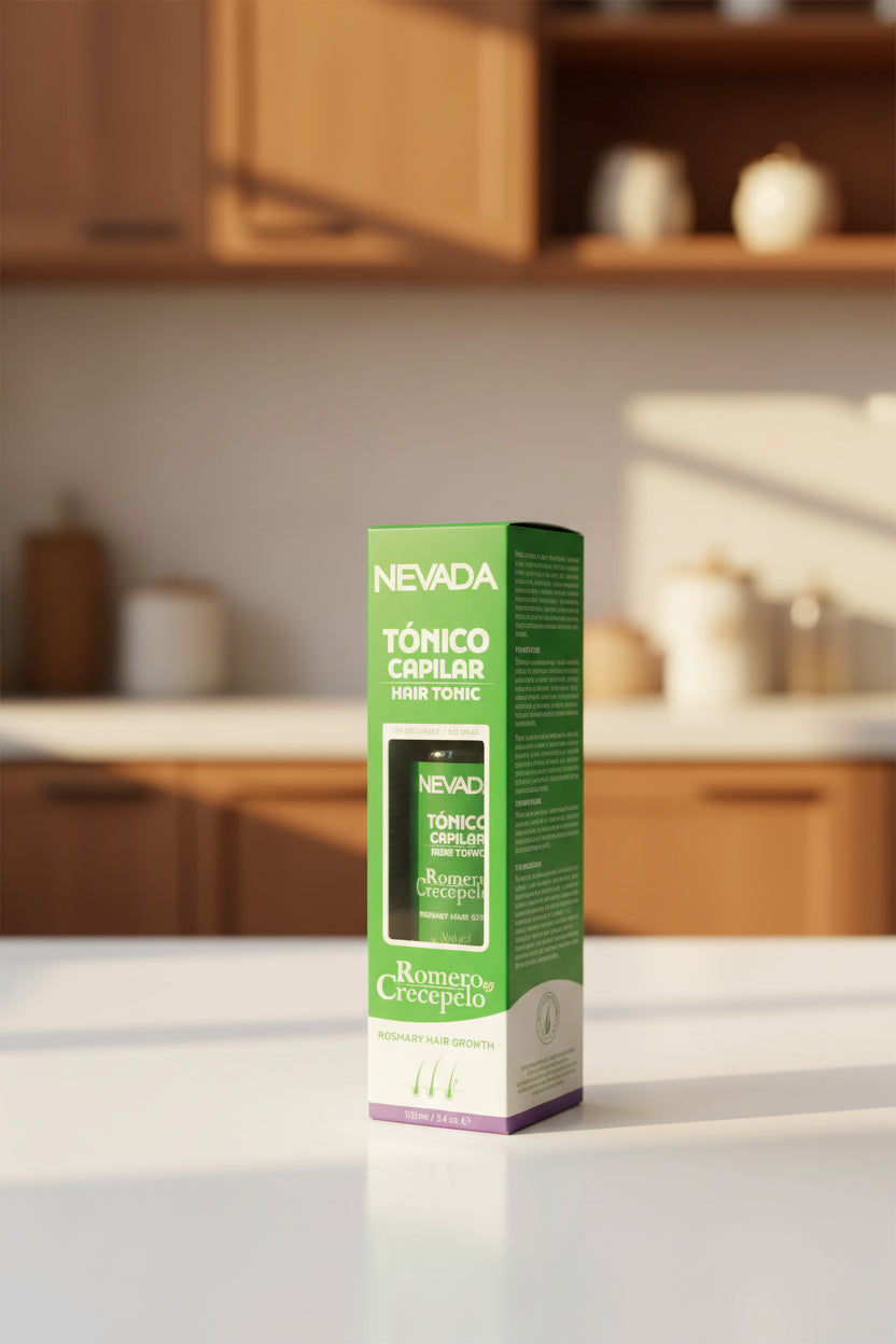 Hand holding a box of Nevada hair tonic with a blurred store shelf in the background