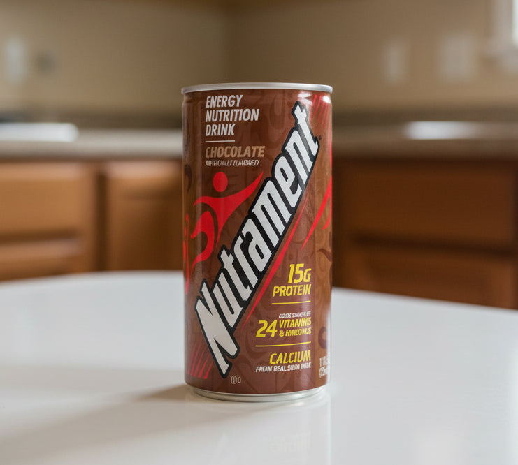Nutrament energy nutrition drink can in chocolate flavor with 15g protein and 24 vitamins/minerals on a white background.