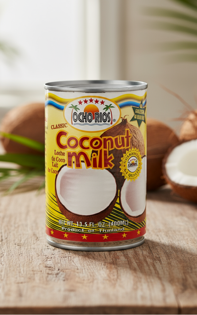 A can of OCHO RIOS Classic Coconut Milk, indicating it is a product of Thailand and has a net weight of 135 mL / 12 fl oz.