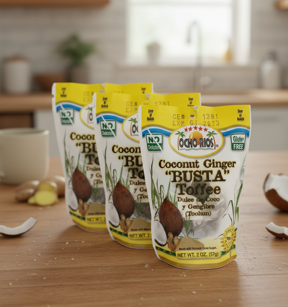 Three packages of OCHO RIOS BUSTA CANDY COCONUT GINGER 2oz each, displayed side by side.