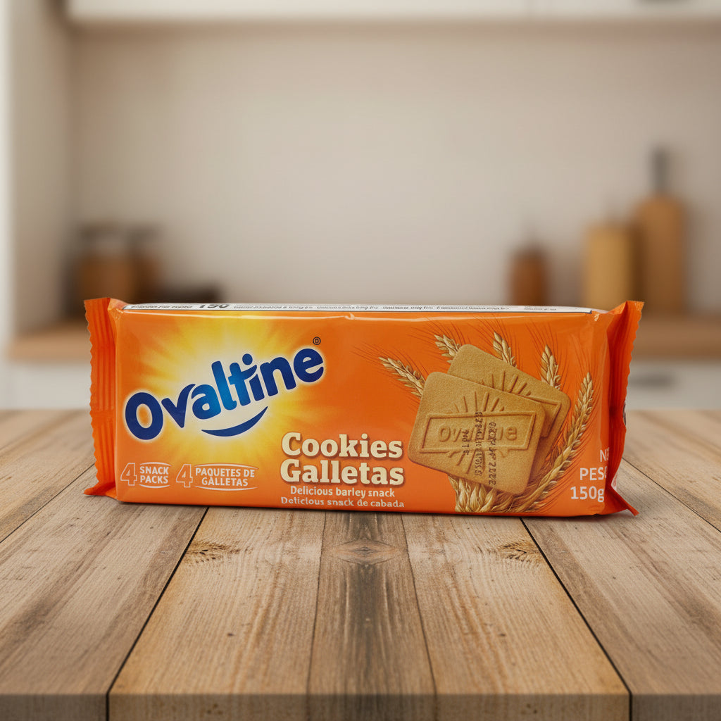 Ovaltine cookies packaging on a white background