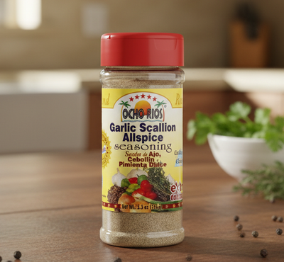 Ocho Rios Garlic Scallion Allspice seasoning jar with red lid on a white background