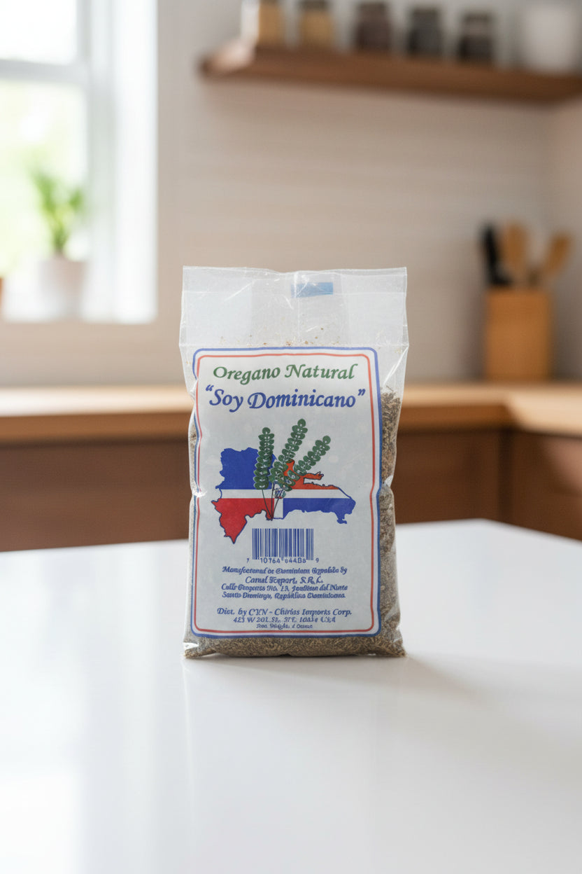 Packaged oregano with Dominican Republic label on a dark background