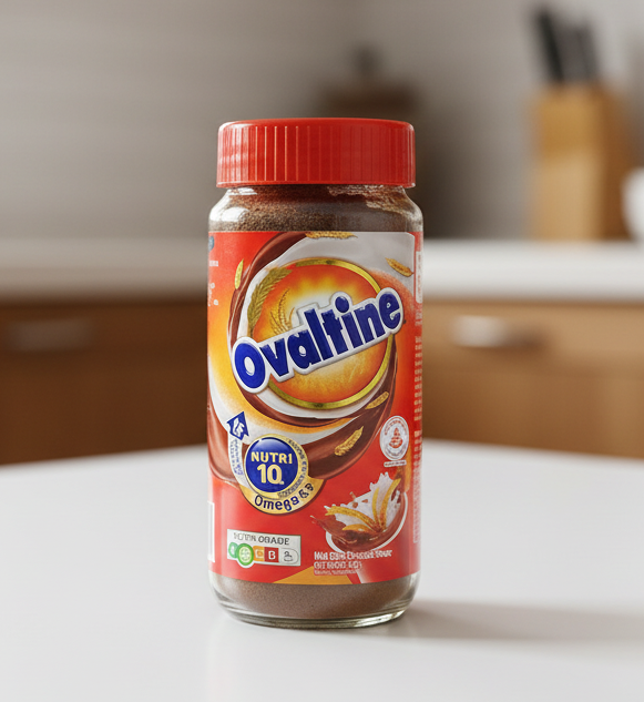 Ovaltine chocolate drink mix container with a red lid on a shelf.
