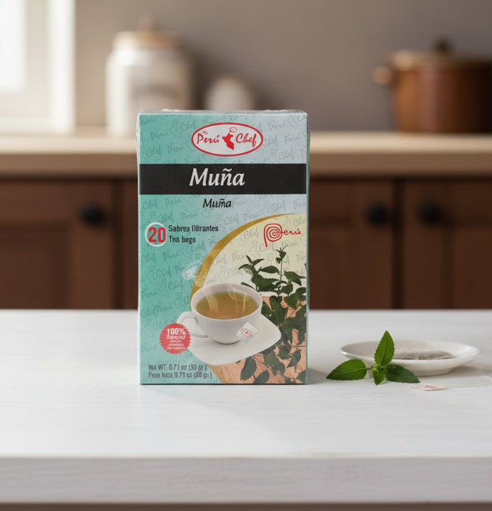Box of Perla Chef Muna tea bags with a blurred background