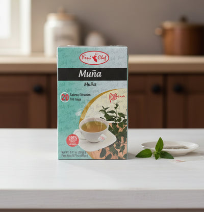 Box of Perla Chef Muna tea bags with a blurred background