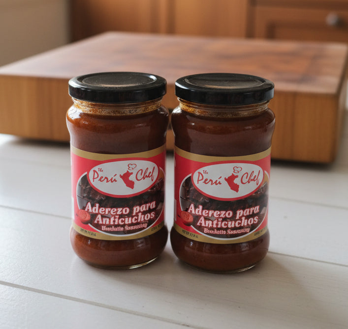 Two jars of Aderezo para Anticuchos on a store shelf with a price tag.