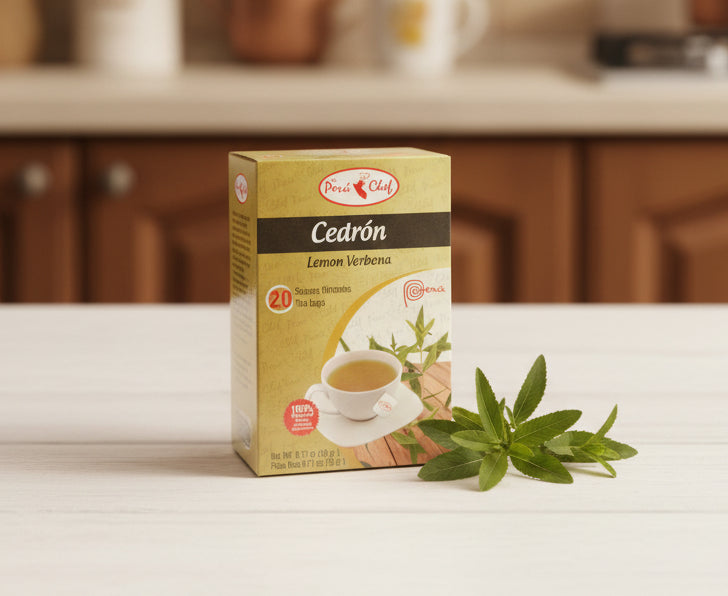 Box of Lemon Verbena tea bags with a cup of tea on the packaging.