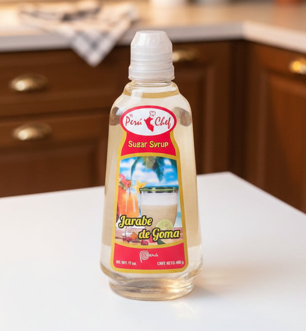 Peru Chef jarabe de goma syrup bottle on a shelf with price tag