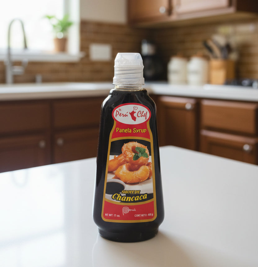 Bottle of Perú Chef Chancaca syrup on a shelf with price tag.