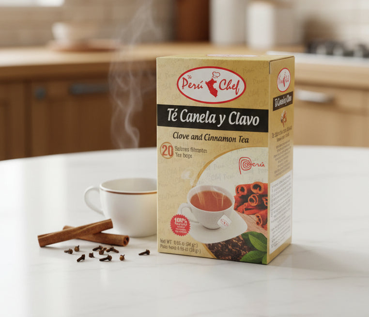 Perón Chef Clove and Cinnamon Tea package on a shelf with price tag.