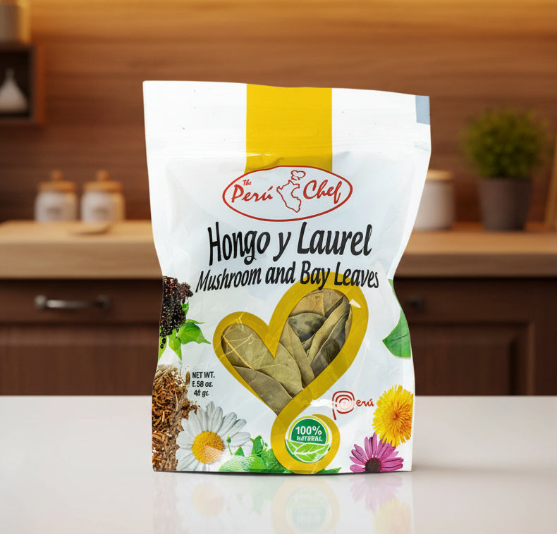 Peru Chef Hongo y Laurel mushroom and bay leaves packaging on a white background