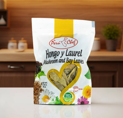Peru Chef Hongo y Laurel mushroom and bay leaves packaging on a white background