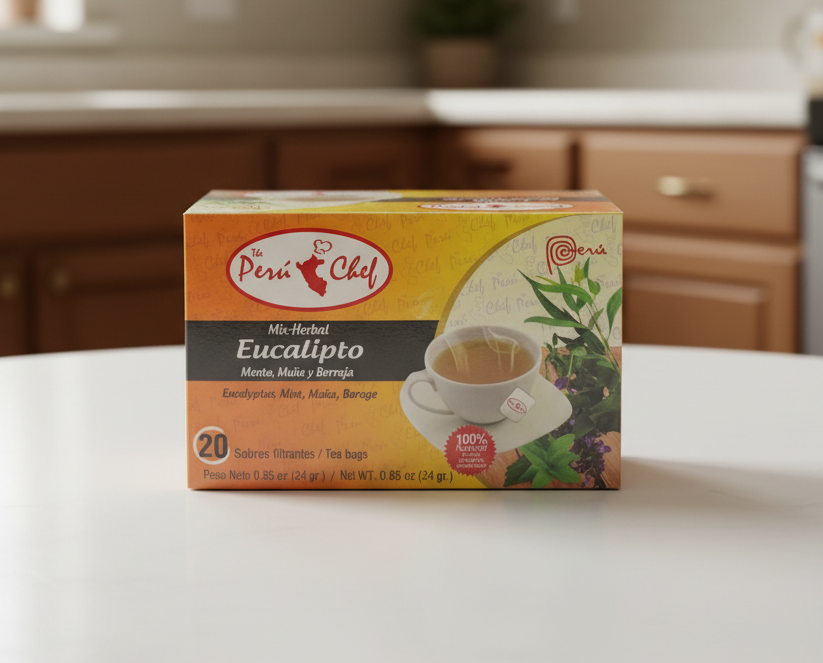 Box of Peró Chef Eucalipto tea bags with branding on a white background