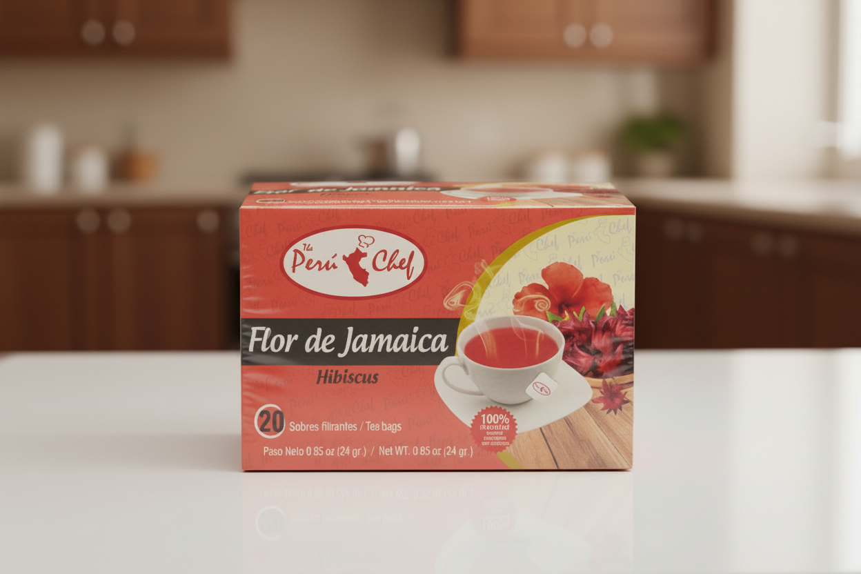 Tea box labeled 'Flor de Jamaica' with 'Peróu Chef' branding on a white background.