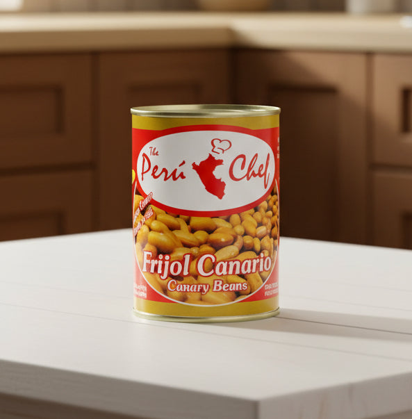 Can of 'The Peru Chef' Frijol Canario (Canary Beans) on a white background