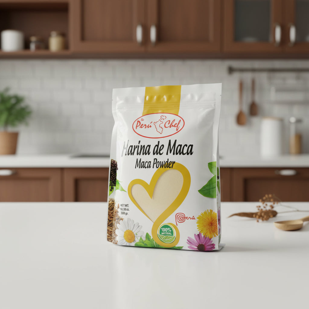 Bag of Perés Chef Maca Powder with natural elements on a white background