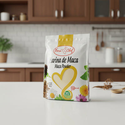 Bag of Perés Chef Maca Powder with natural elements on a white background