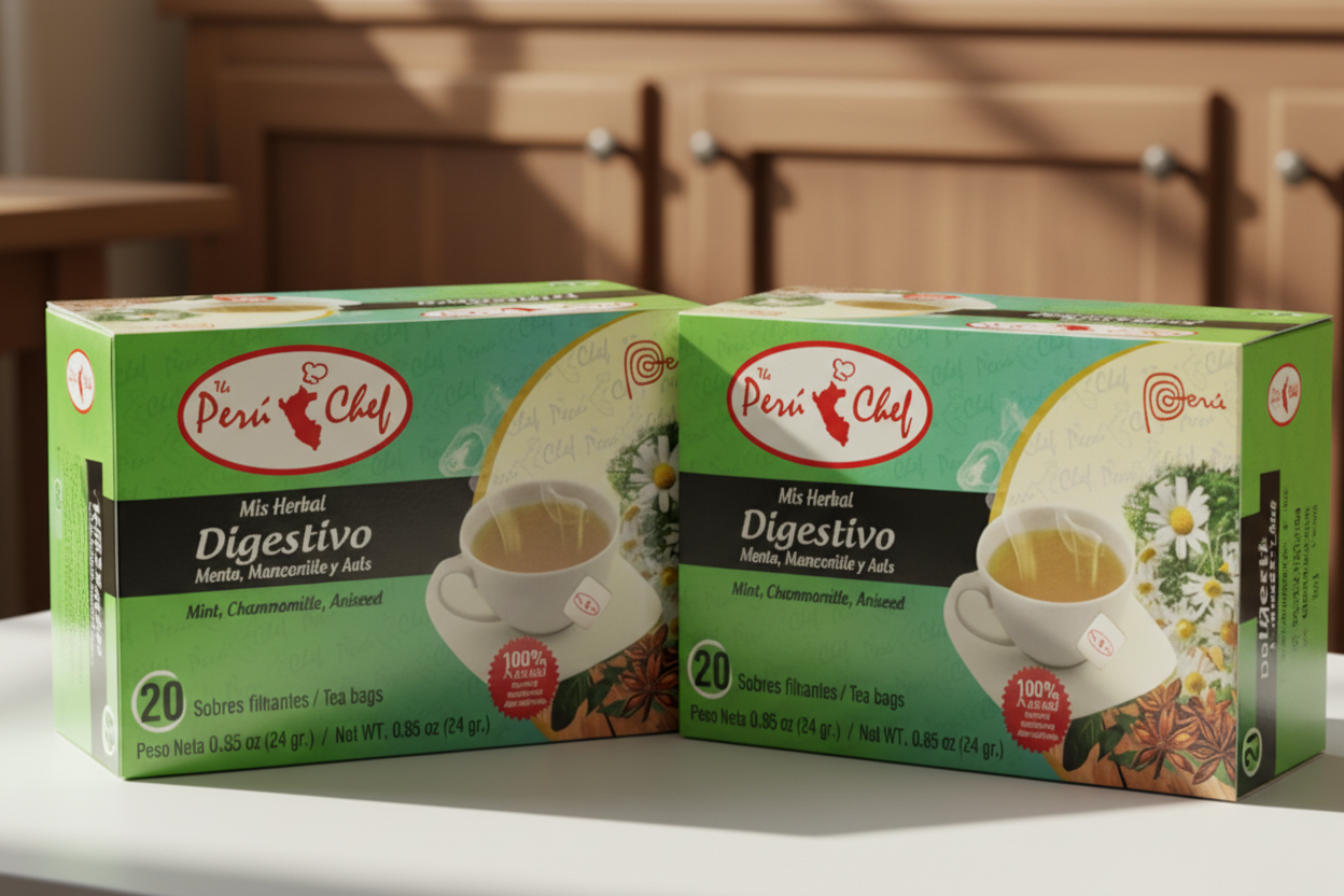 Box of Peró Chef Digestivo tea bags with branding on a white background
