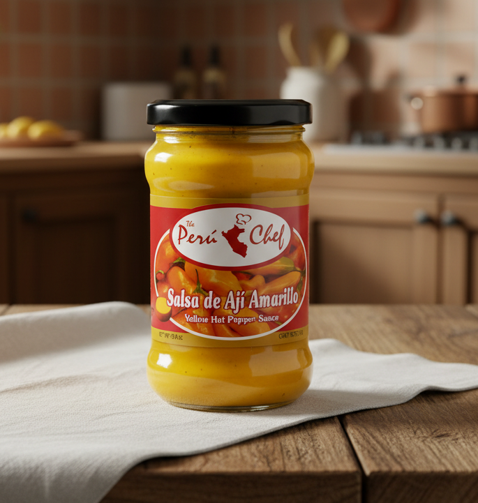 Jar of yellow hot pepper sauce with 'Peróñ Chef' label on a white background