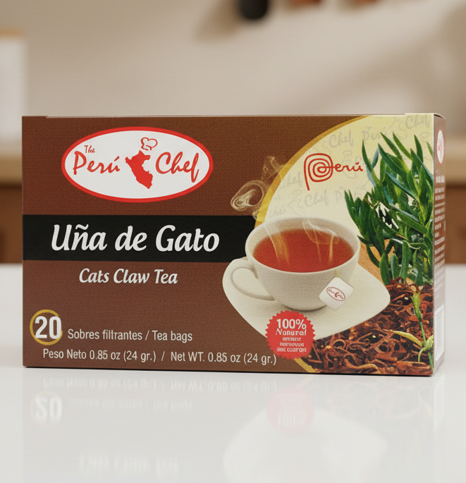Box of Peró Chef Uú de Gato Cats Claw Tea with branding and product details.