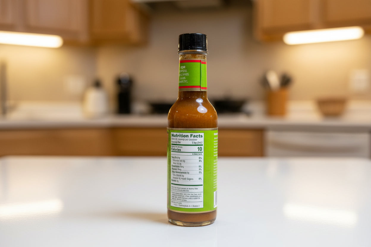 Bottle of hot sauce with nutrition label on a store counter