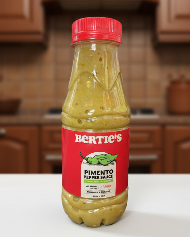 Bottle of Bertie's Pimento Pepper Sauce with a red label on a white background