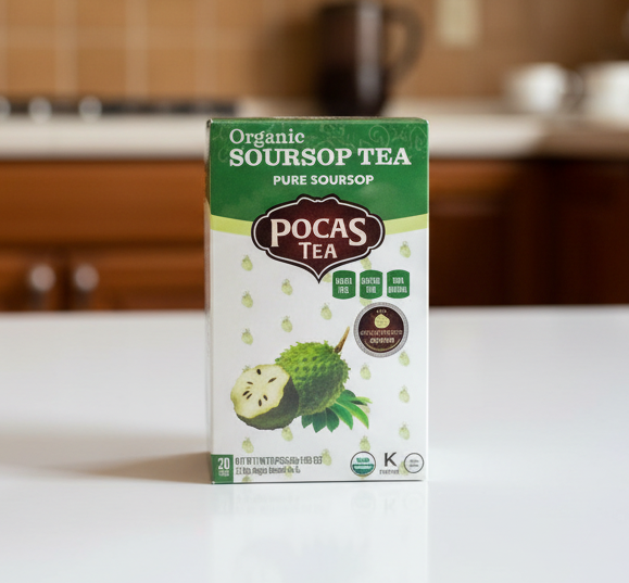 Pocas Tea Organic Soursop Tea packaging on a white background