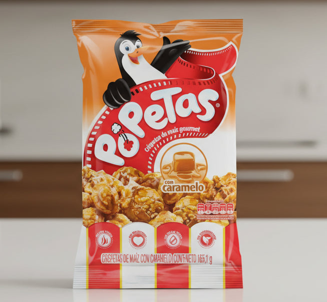 Packaged snack with a penguin character and 'Po Petas' branding on an orange and red background.