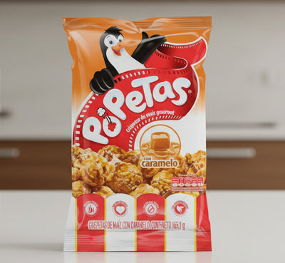 Packaged snack with a penguin character and 'Po Petas' branding on an orange and red background.