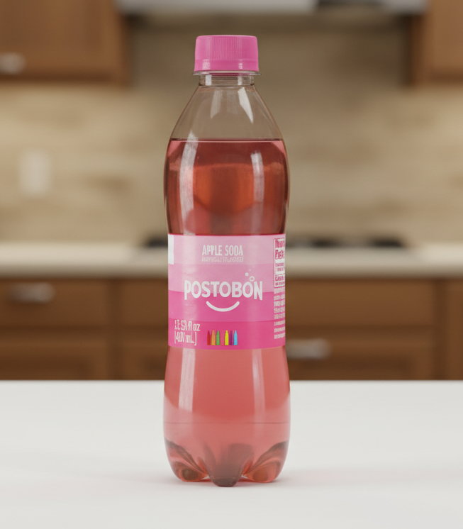 Pink bottle of Postobón apple soda on a white background