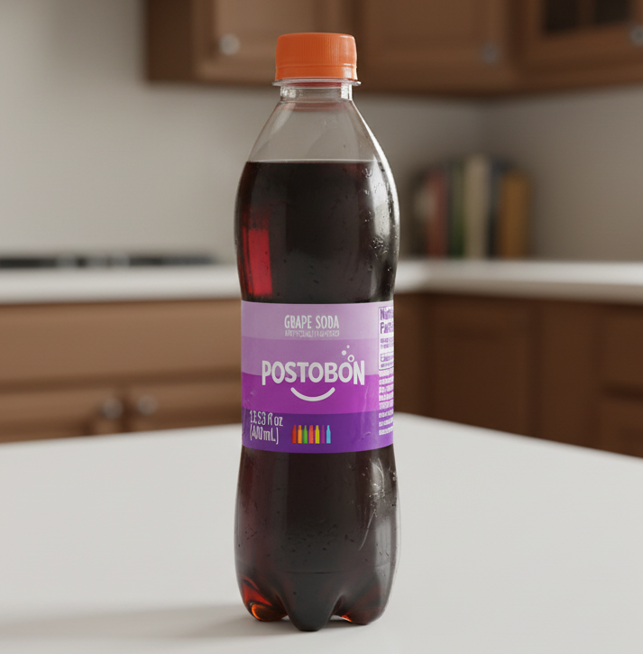 Grape soda bottle with orange cap and purple label on a white background