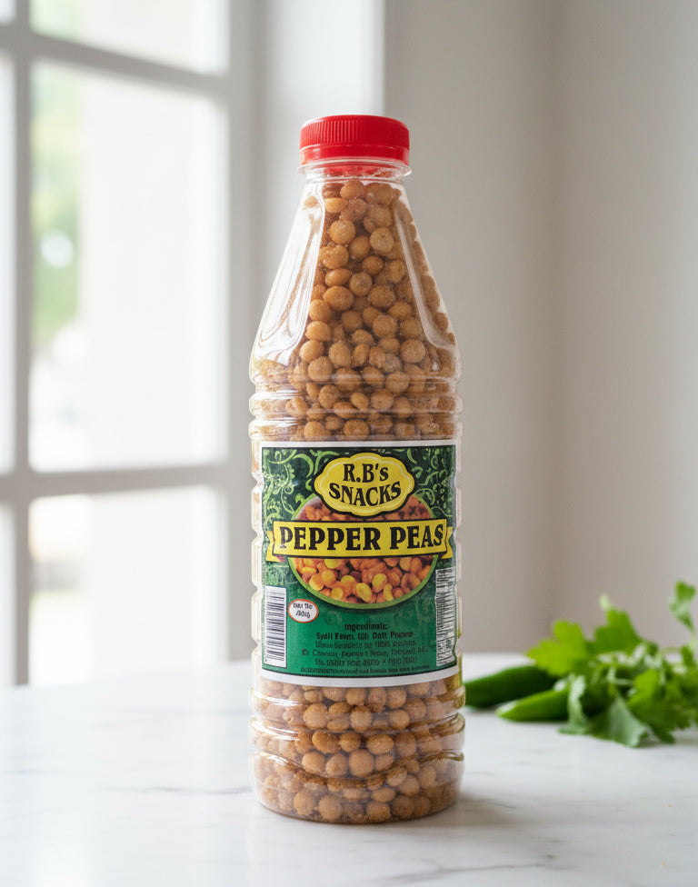 Bottle of R.B's Snacks Pepper Peas on a tiled floor