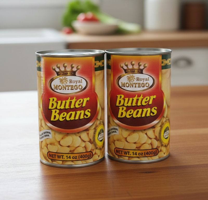 Two cans of Butter Beans with a brand logo on a white background