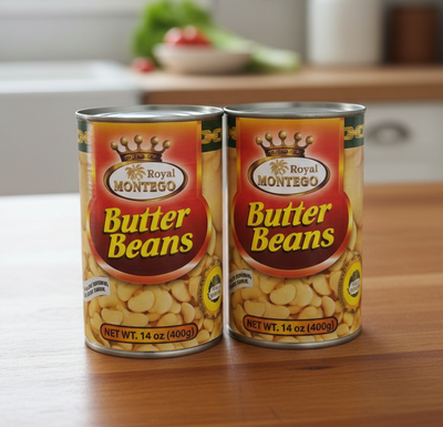 Two cans of Butter Beans with a brand logo on a white background
