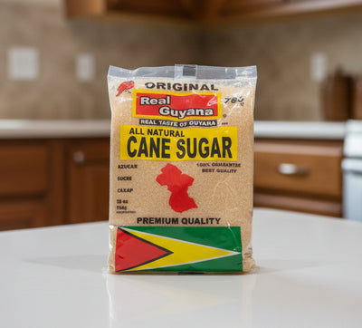 Bag of Real Guyana all natural cane sugar on a dark background